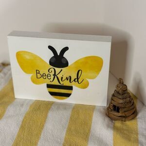 Bee Kind Yellow and Black Wood Sign and little woven bee hive
